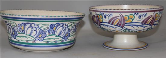 A Carter Stabler Adams broad-rimmed bowl, a similar pedestal fruit bowl, another bowl and a vase, largest bowl diameter 12.75in.
